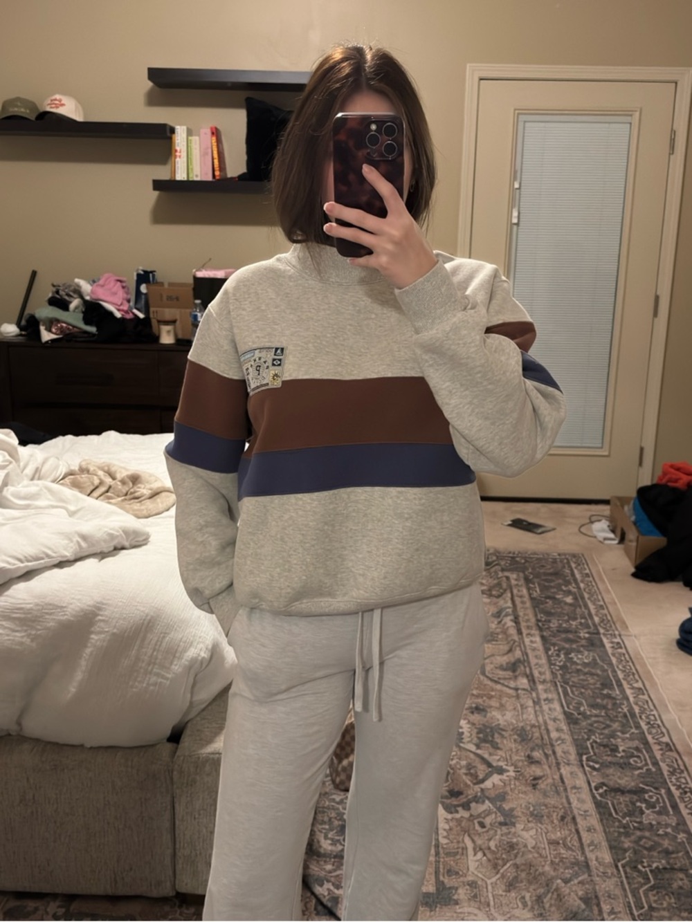 PARKE Mockneck in Light Gray with Brown & Blue Stripes
